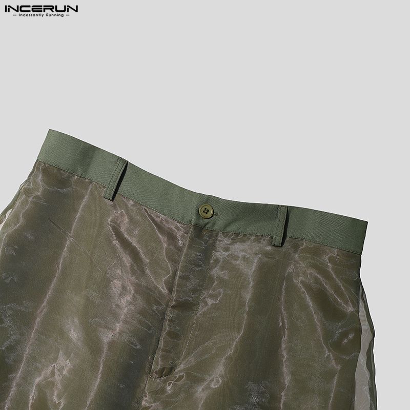 INCERUN Mens Sheer Patchwork Trousers See Through Mesh Organza Loose Party Clubwear Wide Leg Pants