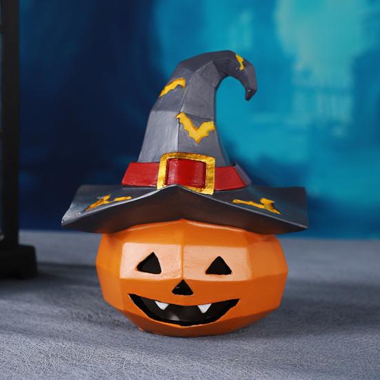 Halloween Ornament Pumpkin Wearing Witch Hat Shape Statue Indoor Outdoor Decor Spooky Halloween Tabletop Decoration
