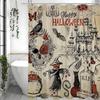 Vintage Halloween Skull Castle Grave Gothic Skull Bat Raven Black Cat Shower Curtain, Bathroom Decorative Shower Curtain, Waterp