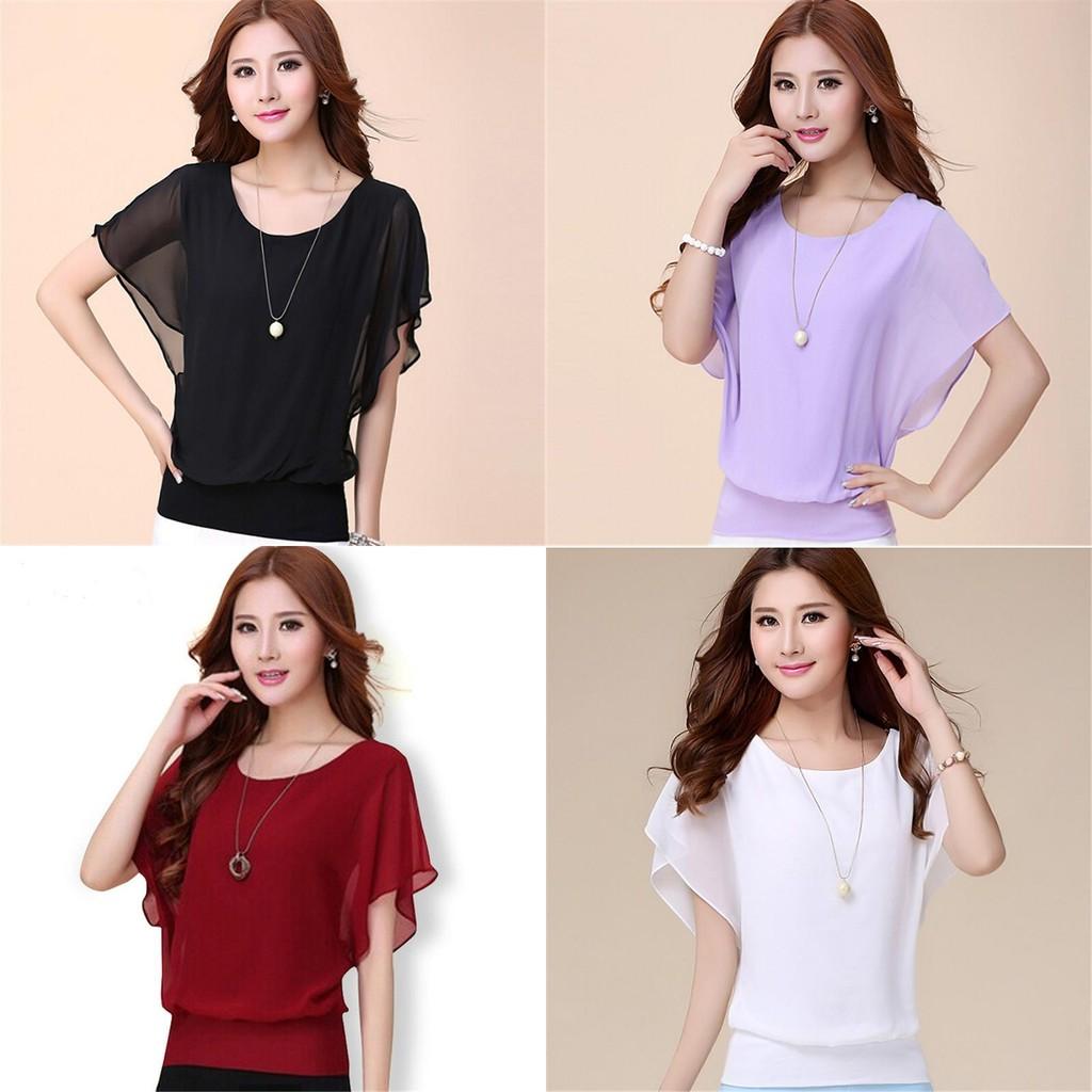 Luxurious Plus Size Chiffon Blouse With Elegant Ruffle Batwing Short Sleeves