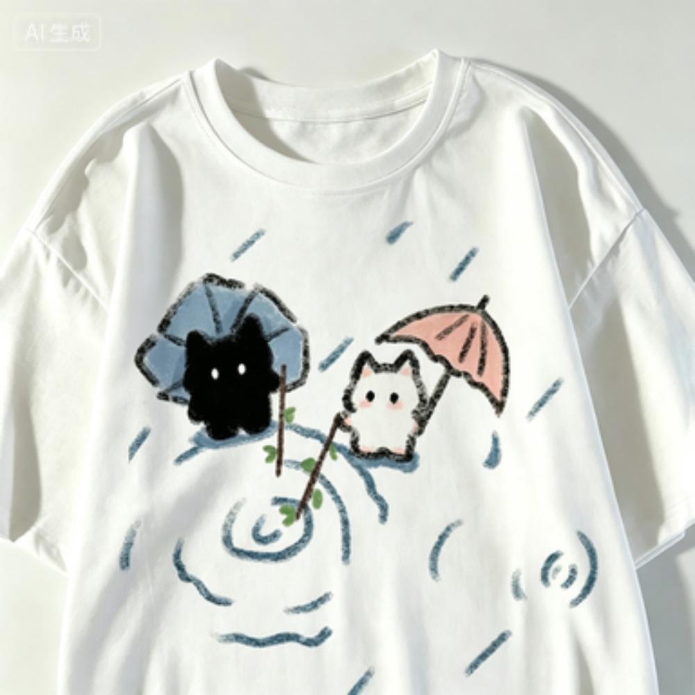Loose Soft Tshirt With A Cute Black And White Japanese Cat Pattern A Summer Shortsleeved Top Wounisex Clothing Graphic Tshirts