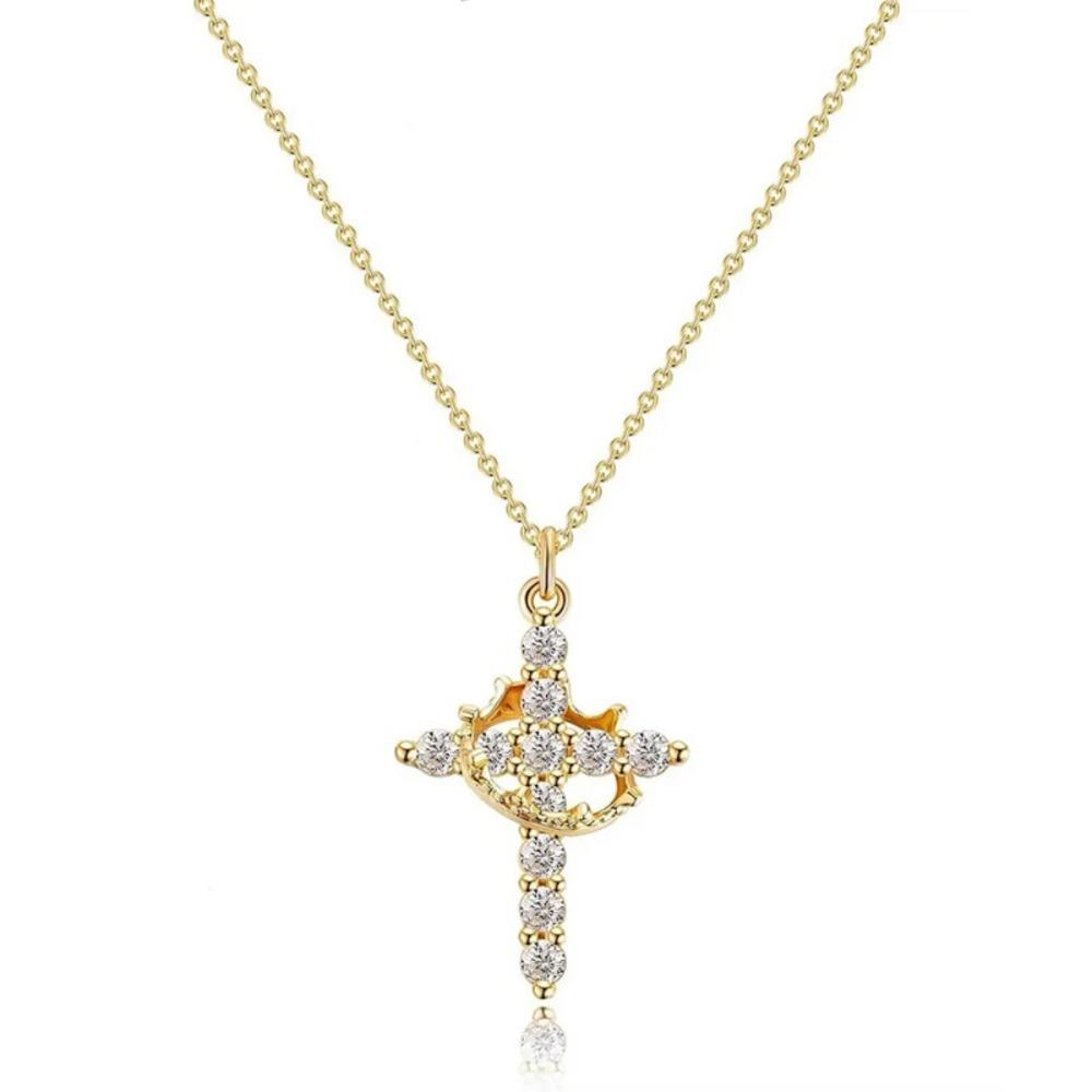 Rotatable Crown Zircon Cross Pendant Necklace Light Luxury Shiny Cross Stainless Steel Chain Choker For Women Men Prayer Jewelry