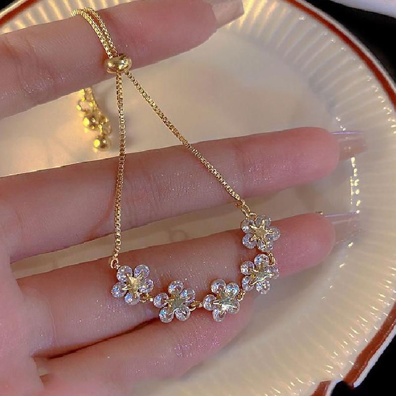 Luxury Zircon Rhinestone Flower Bracelet For Women Bangle Adjustable Wedding Party Fashion Jewelry Gift