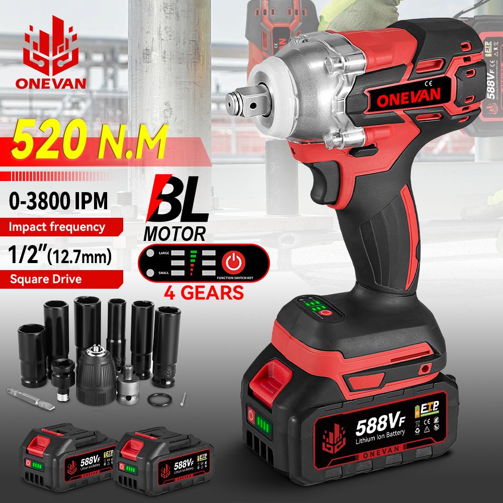 ONEVAN 520N.M Avvitatore a Impulsi Elettrico Senza Spazzole Kit Bussole Esagonali Avvitatore a Batteria Senza Fili da 1/2 pollice Utensile Elettrico P