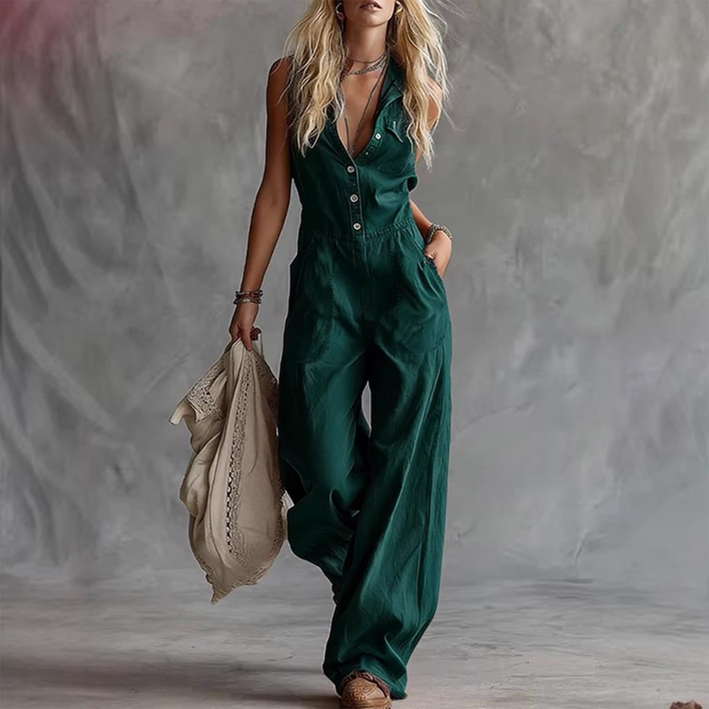Dámský módní overal s výstřihem do V a stažením v pase, široké nohavice