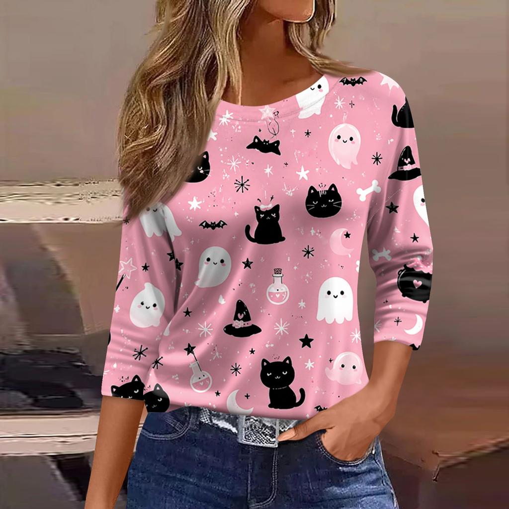 Women's Casual Three-Quarter Sleeve Round Neck Top with Halloween Print for Holiday Outfits