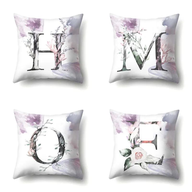 Decorative 26 Letters Polyester Pillow Case For Sofa Alphabet Flowers Printed Cushion Cover Case Home Decor Almofada 45X45Cm