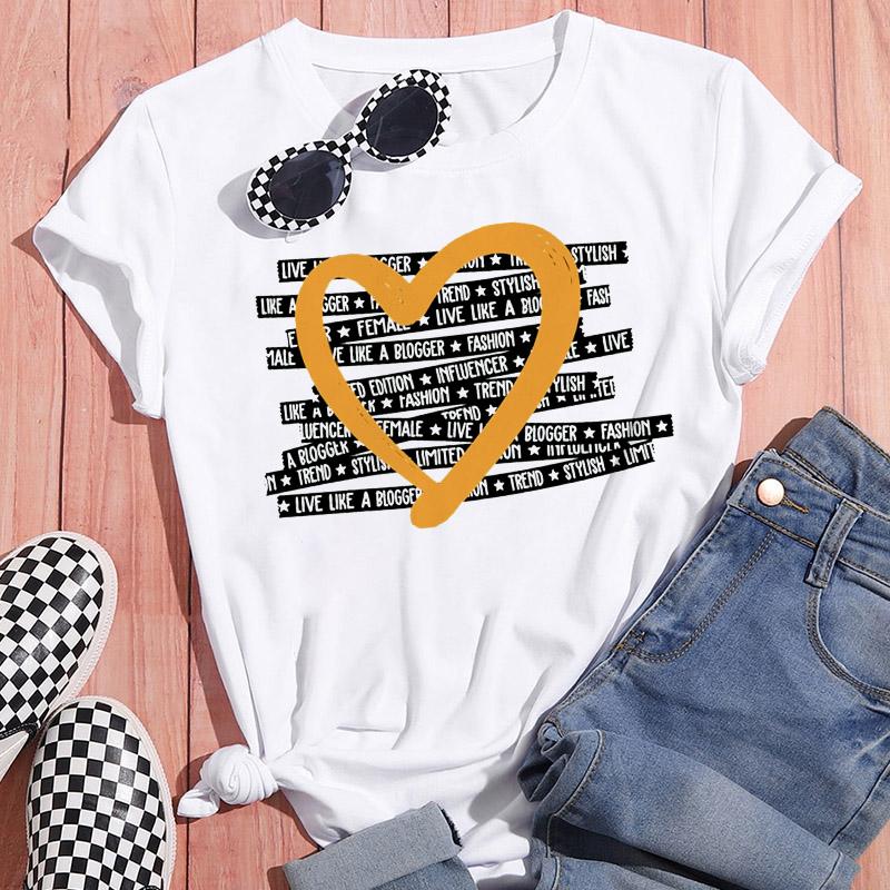 Sportswear Feminine Short Sleeve White Tshirt Clothes Heart Graphic Print T-Shirt Leisure Summer O-Neck Oversized Top Popular T