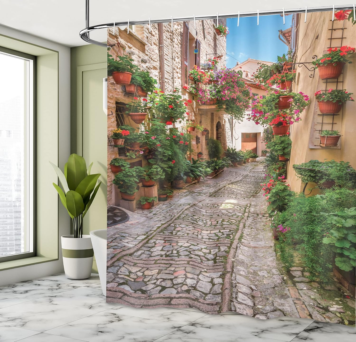 Dunika Chen Ivory/Green Tuscan Street Shower Curtain With Hooks – Italian Village, Stone Path & Flower Pots, Sunny Mediterranean Decor,