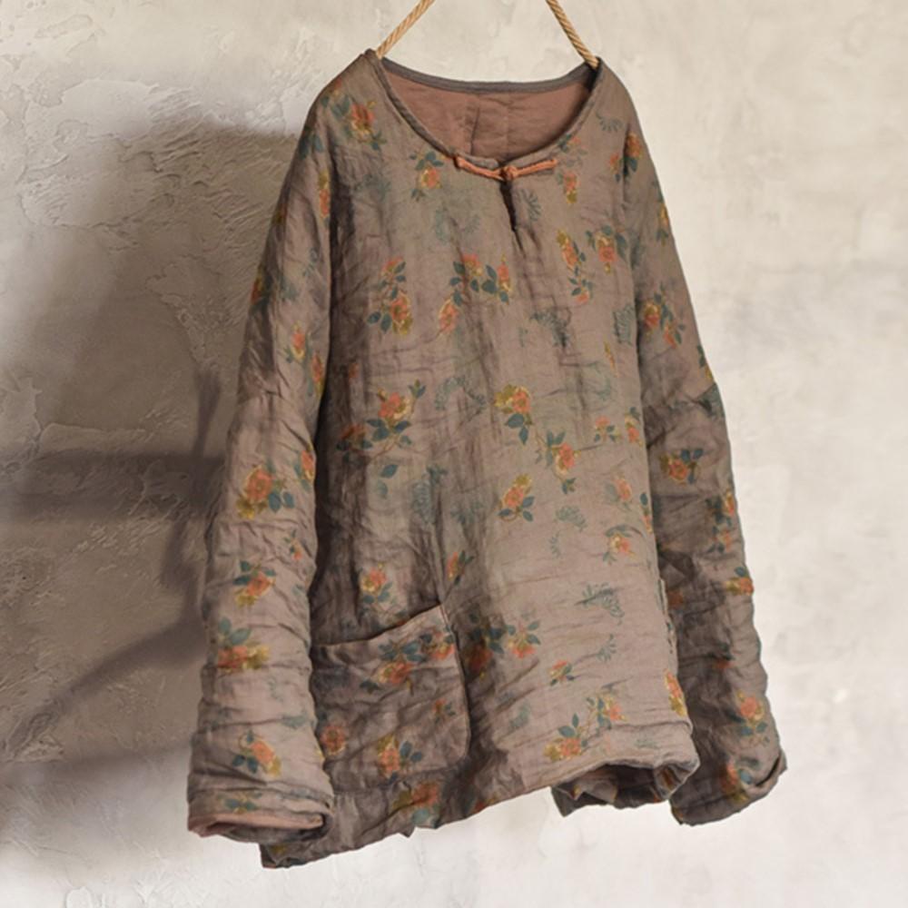 Johnature Women Vintage Print Floral Pullover O-Neck Long Sleeve Autumn Pockets Chinese Style Tops