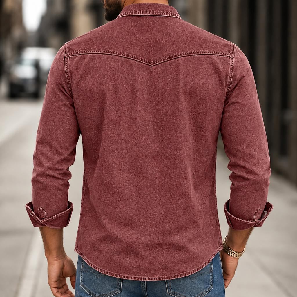 Men's Long Sleeve Denim Shirt with Distressed for Casual Wear
