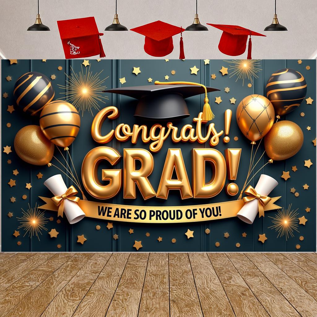 Congrats Grad Banner Diploma Decoration Grad Photo Backdrop Graduation Display Star Pattern Graduation Decor Banner For Grad