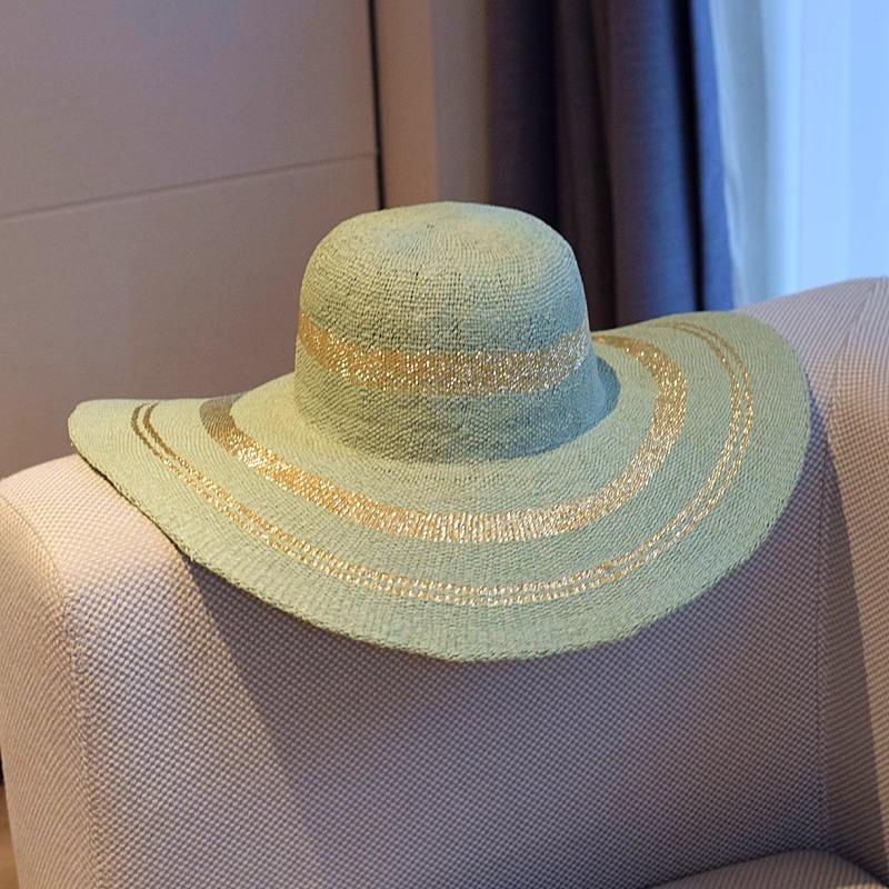 

202605-yaan ins chic summer Golden thread grass splicing wide brim holiday beach lady sun cap woman leisure hat head size 57cm зелений