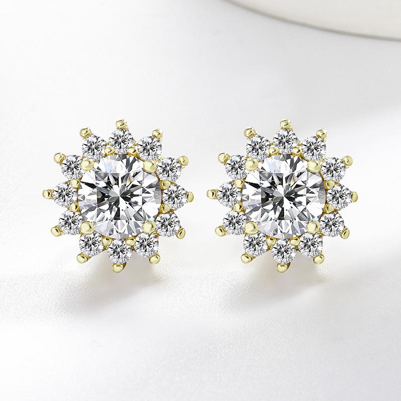 Sunflower Stud Earrings: One-Carat Zircon, Women's European & American Fashion
