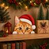 Christmas Table Centerpiece Cute Cat Shelf Sitter, Wooden Hat Peeking Desk Figurine, Funny Animal Desktop Background Ornament Sign, Lover Gift
