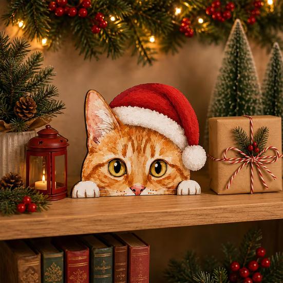Christmas Table Centerpiece Cute Cat Shelf Sitter, Wooden Hat Peeking Desk Figurine, Funny Animal Desktop Background Ornament Sign, Lover Gift