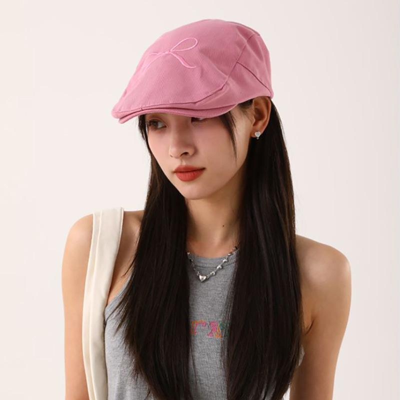 Bow Embroidery Forward Cap Women's Beret Peaked Cap Spring Summer Painter's Cap