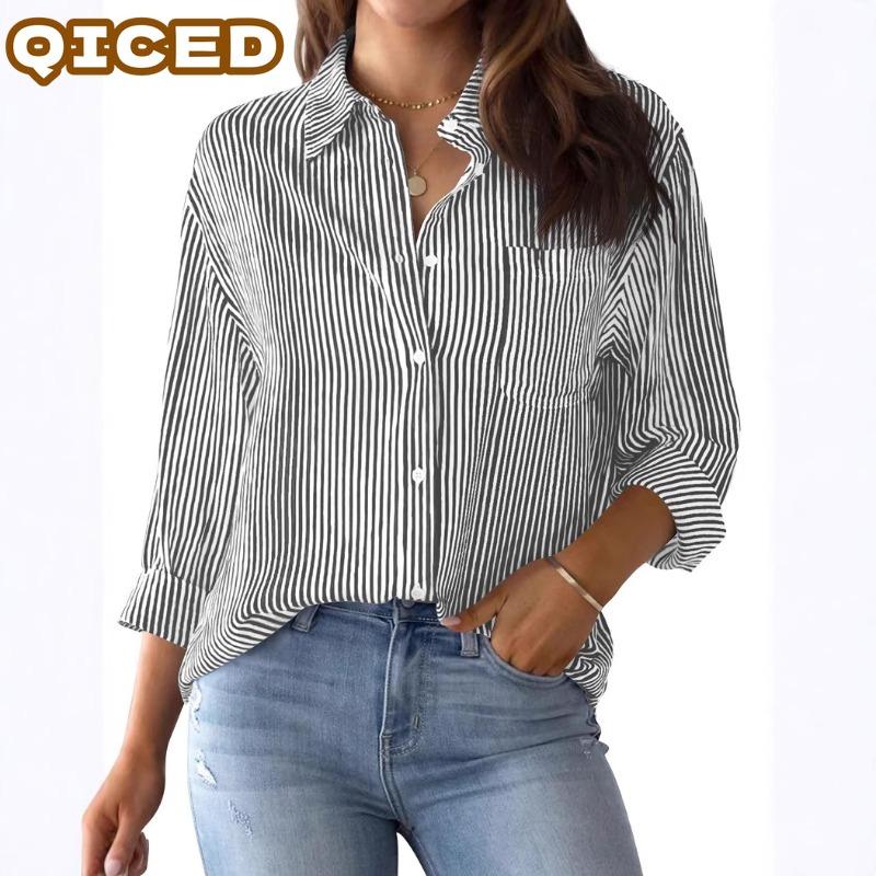 QICED Women's Fashion Casual Long Sleeve POLO Neck Blouses & Shirts Unique design