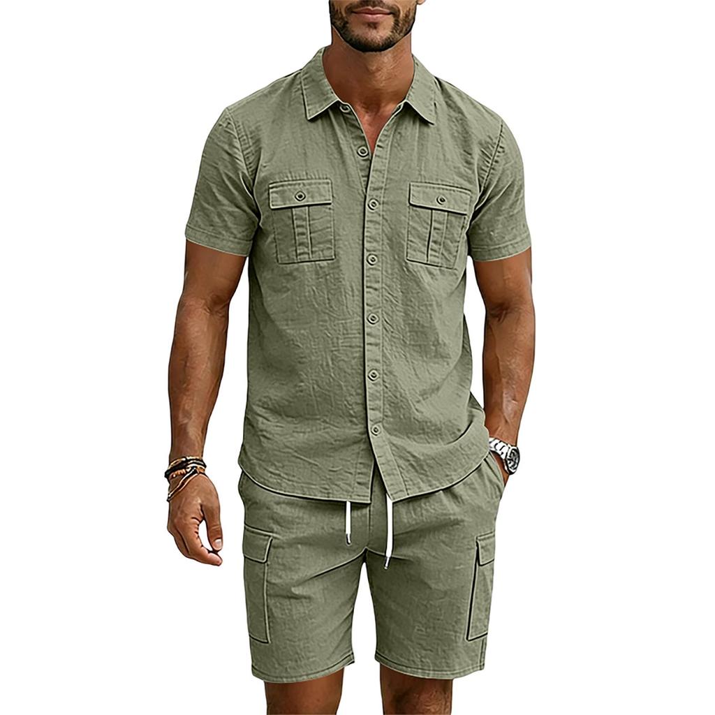 Men's Summer Linen Short Sleeve Shirt and Cargo Shorts Set Casual Lightweight Breathable Multi Pocket Two Piece Outfit