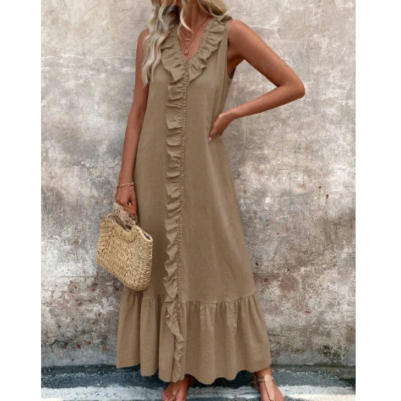 Bohemian Maxikleider Für Damen Im Frühling Und Sommer, Einfarbiges, Ärmelloses, Geräuchertes Langes Kleid Mit V-Ausschnitt Und Plissee