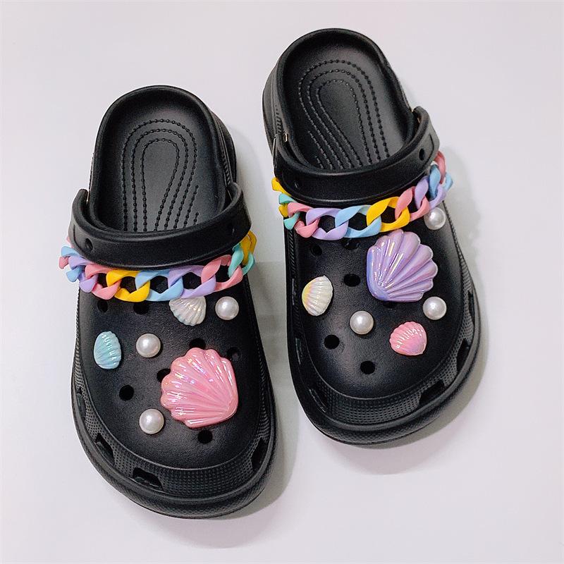 

Новые туфли с отверстиями DIY трехмерный набор цепочек жемчужного цвета ракушки на толстой подошве пляжный сад 39-40 чёрный