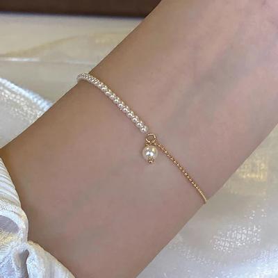 Real  Sterling Silver Pearl Bead Chain Round Charm Bracelets for Women Minimalist Classic Fine  Accessories