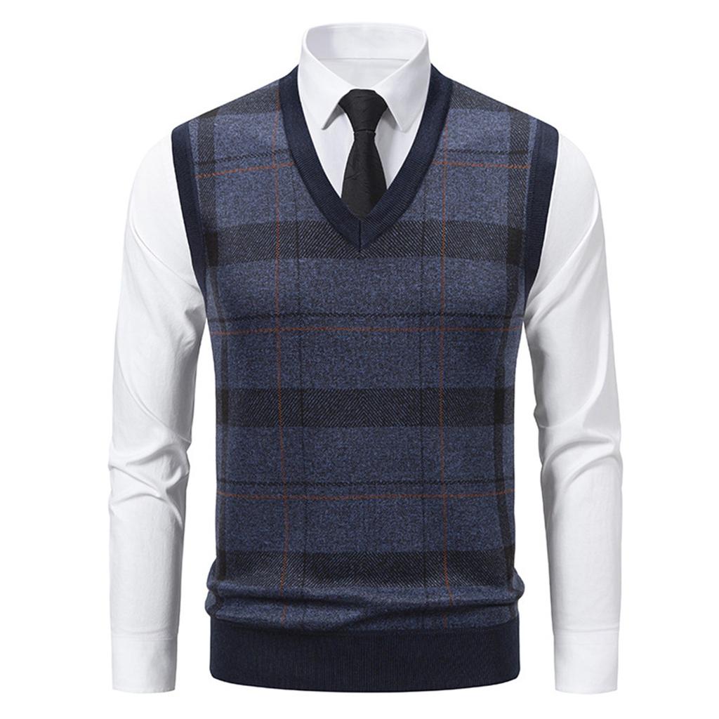 Men's Winter Fleece-Lined Plaid Vest, Pullover, Loose-Fitting Men's Sleeveless Sweater Vest