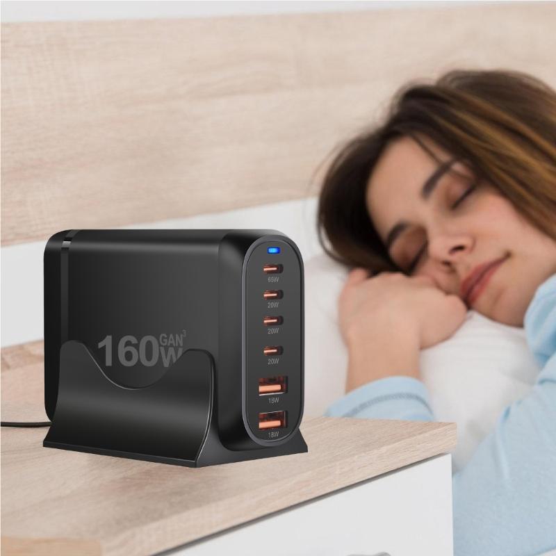 Multiple Device Charging Station, 160W USB C Charger with Double USB & 4Type C Port, for Electronics Devices Travel Use