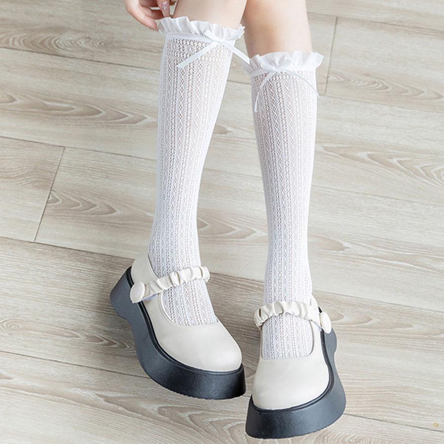 Lace Hollowed-out Lace Socks Midtube Socks Mesh Thin Breathable Mary Jane Bow Pile Pile Calf Socks Jk Summer