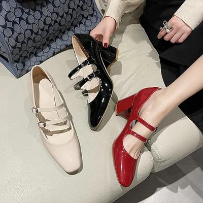 Fashion Pumps Thick High Heels Jane Shoes for Women Spring 2025 Fashion Double Buckle Strap Pumps Black Patent Leather