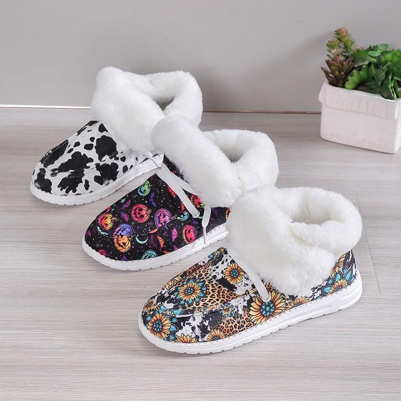 Plus Size Cotton Shoes Women's Winter 2025 New Casual Low-top Print Fleece Thickened Women's Snow Boots