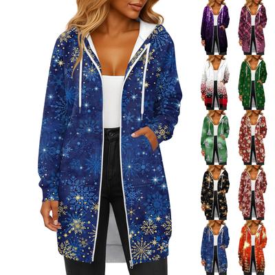 Damen Modische Weihnachten Bedruckte Langarm Kordelzug Kapuzen Reißverschlusstasche Lange Lässige Sweatshirtjacke
