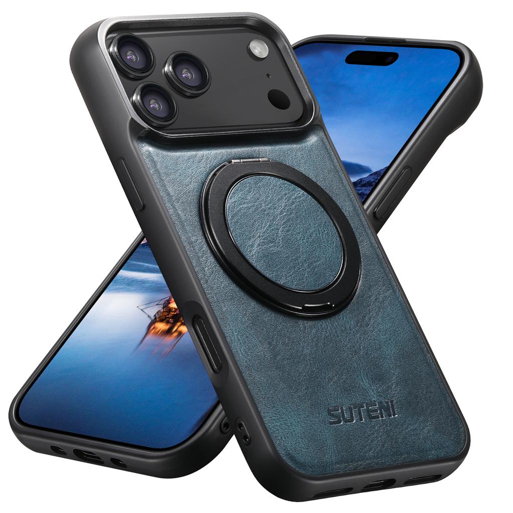 360 Rotating Magnetic Kickstand Waxed Grain Leather Phone Case for iPhone 17 Pro Max 16 15 14 13 12 Shockproof For Magsafe Cover