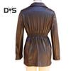 Women Coat Elastic Slim Waist Smooth Surface Faux Leather Turn-down Collar Jacket Mid Length Solid Color Double-breasted Outerwear