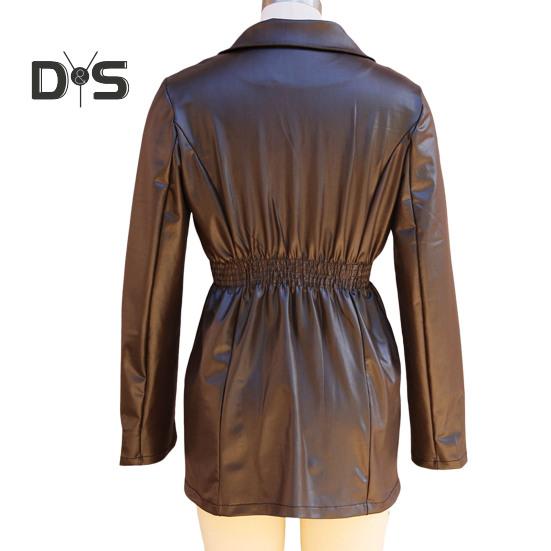 Women Coat Elastic Slim Waist Smooth Surface Faux Leather Turn-down Collar Jacket Mid Length Solid Color Double-breasted Outerwear