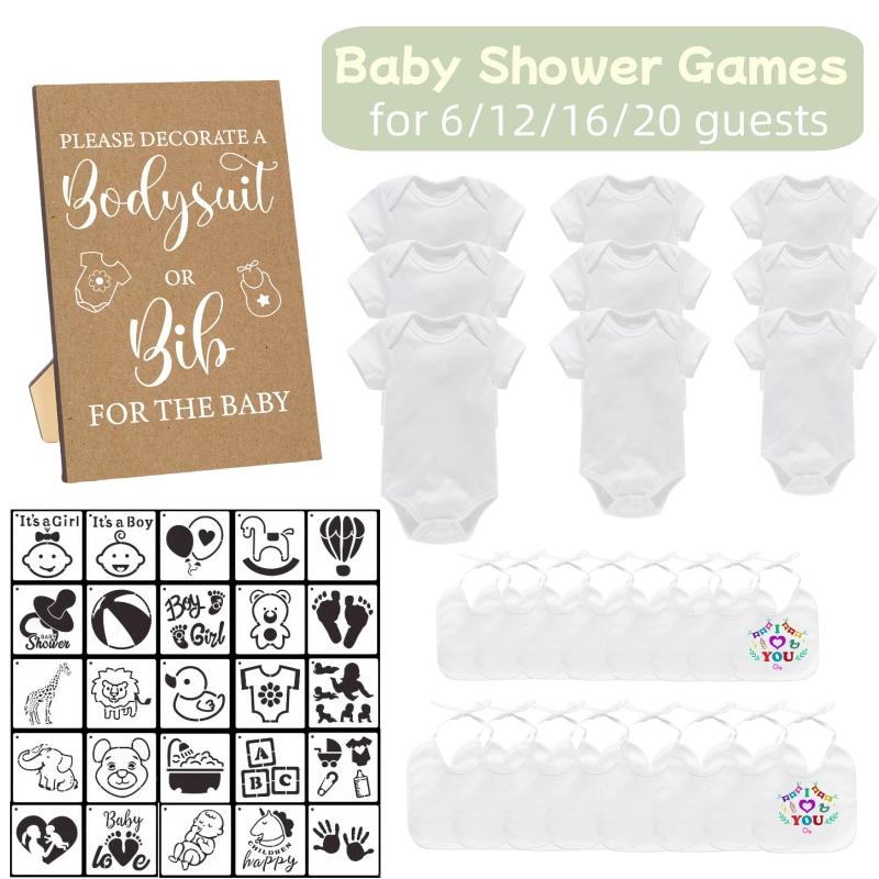 Baby Shower Games Bibs Bodysuits White Bibs Onesies Stencils for 6-20 Guests DIY Baby Gifts for Baby Shower Gender Reveal Party