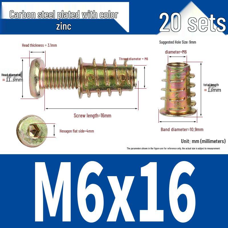 Flat Head Hex Socket Screws & Pre-embedded Nut Set for Wooden Bed Connectors