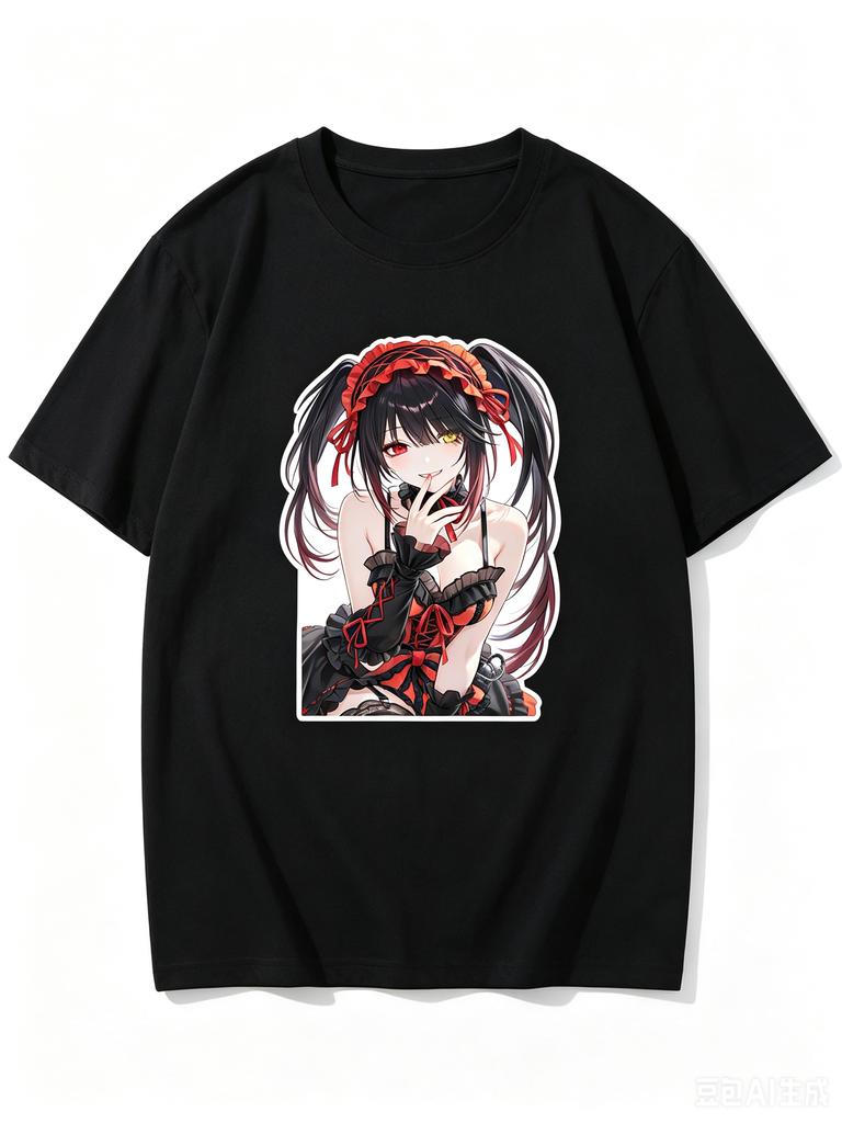 2026 New Unisex Crew Neck Casual Short Sleeve TShirt With Finger On Mouth Kurumi Tokisaki Cutout Anime Print TShirt