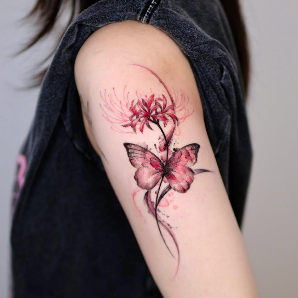 Higan Flower Butterfly Tattoo Sticker, Waterproof And Long-Lasting Simulation, Girls' National Style Flower Arm Tattoo Sticker