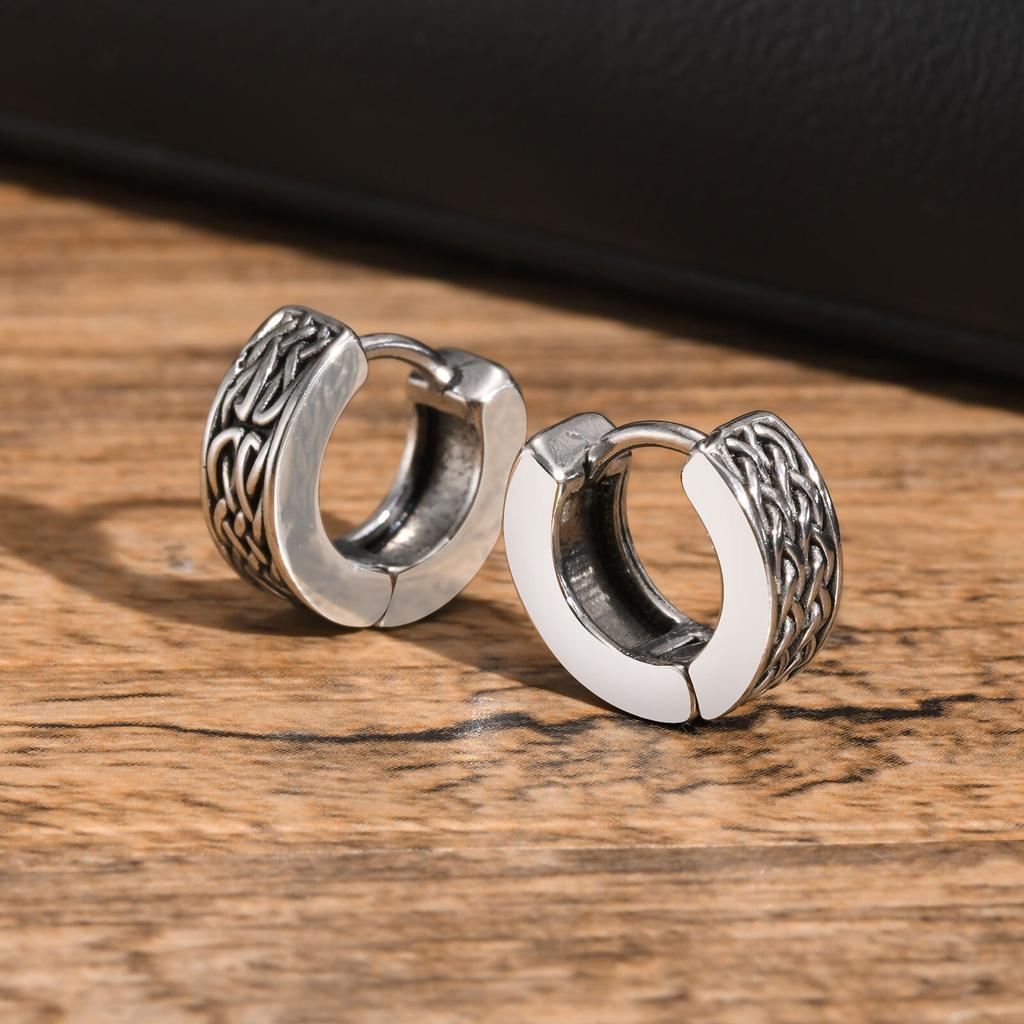 Punk Viking Hoop Earrings for Men Boys,Vintage Celtic Knot Stainless Steel Huggies Earrings,Hip Hop Cool Street Zircon Gifts