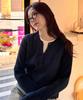 NOIRER FOR WOMAN Layered Henley Neck Signature Cable Knit (Navy)