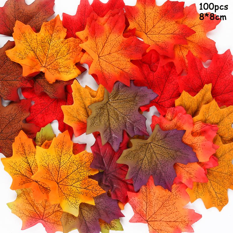 

100pcs Artificial Autumn Maple Leaves Thanksgiving Halloween Mixed Fall Colored Leaf Wedding Thanksgiving Day Party Table Decor