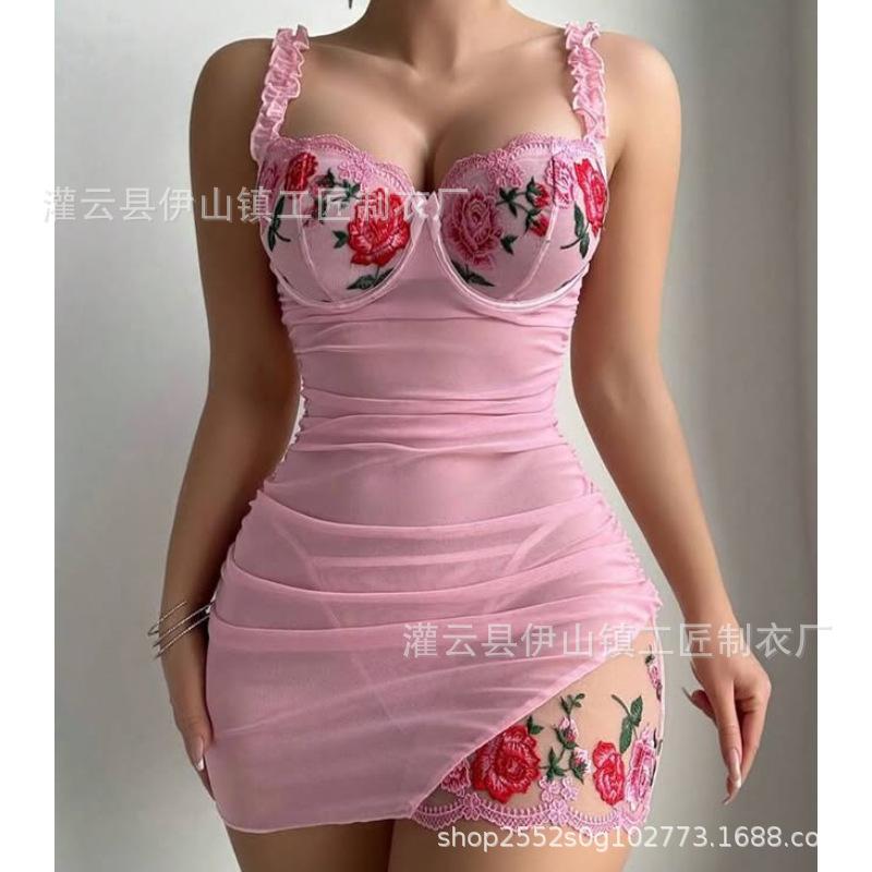European and American summer women s new sexy lingerie lace perspective temptation nightdress tight hip-wrapped pajamas thin S