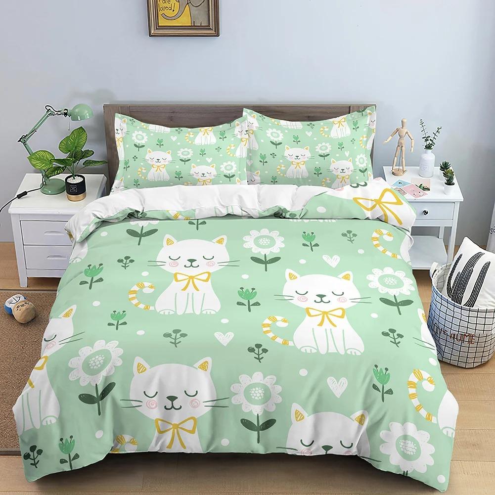 Animals Cute Cat Bedding Set Boys Girls Twin Queen Size Duvet Cover Pillowcase Bed Kids Adult Fashion Home Textileextile