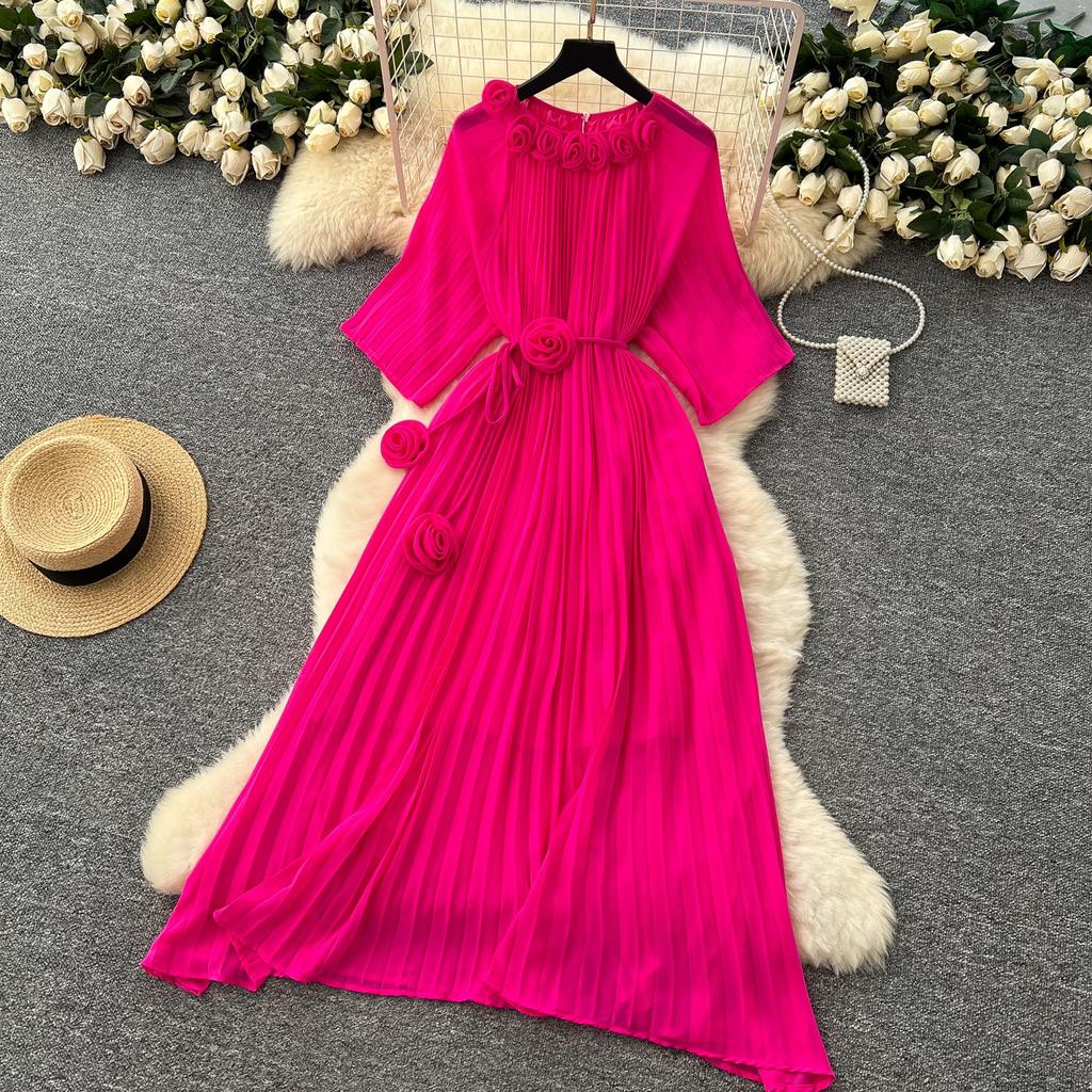 Spring Autumn Woman Dress New Flower Round Ne Seven-Quarter Sleeve Waist-Cinching Pleated Dresses for  Women Slimming Gown