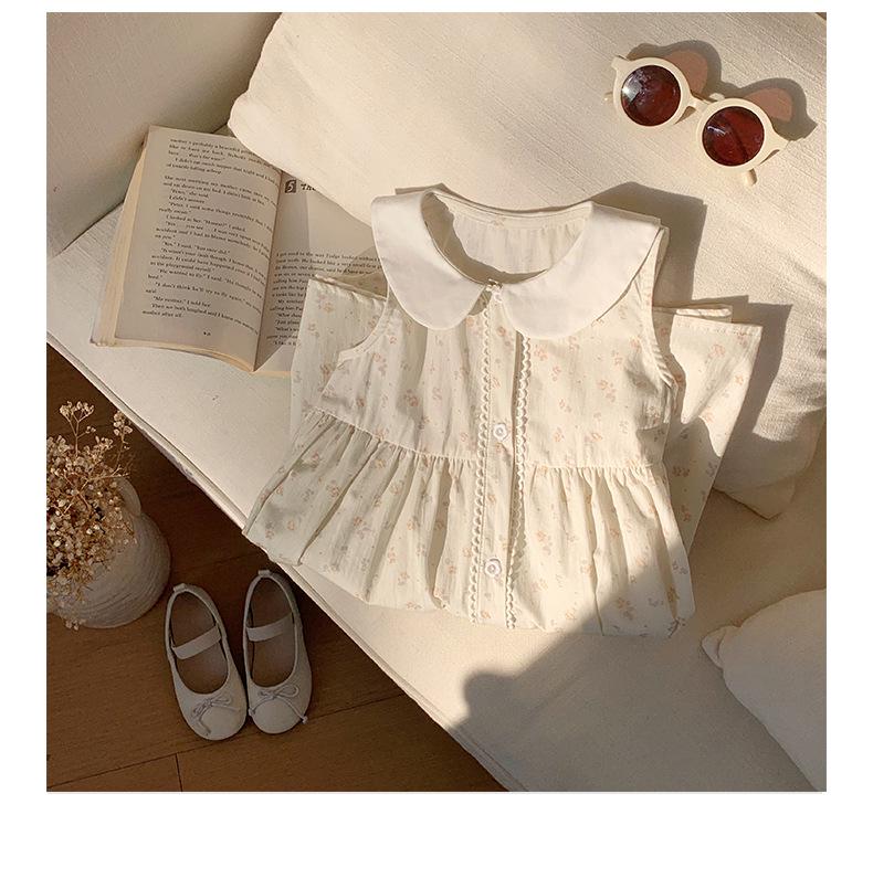 Korean Style Girls' Floral Dress - Summer 2026 Cotton Lace Sleeveless with Doll Collar