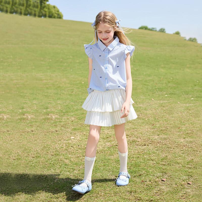 ASK JUNIOR Girls' Striped Flutter Sleeve Lapel Shirt