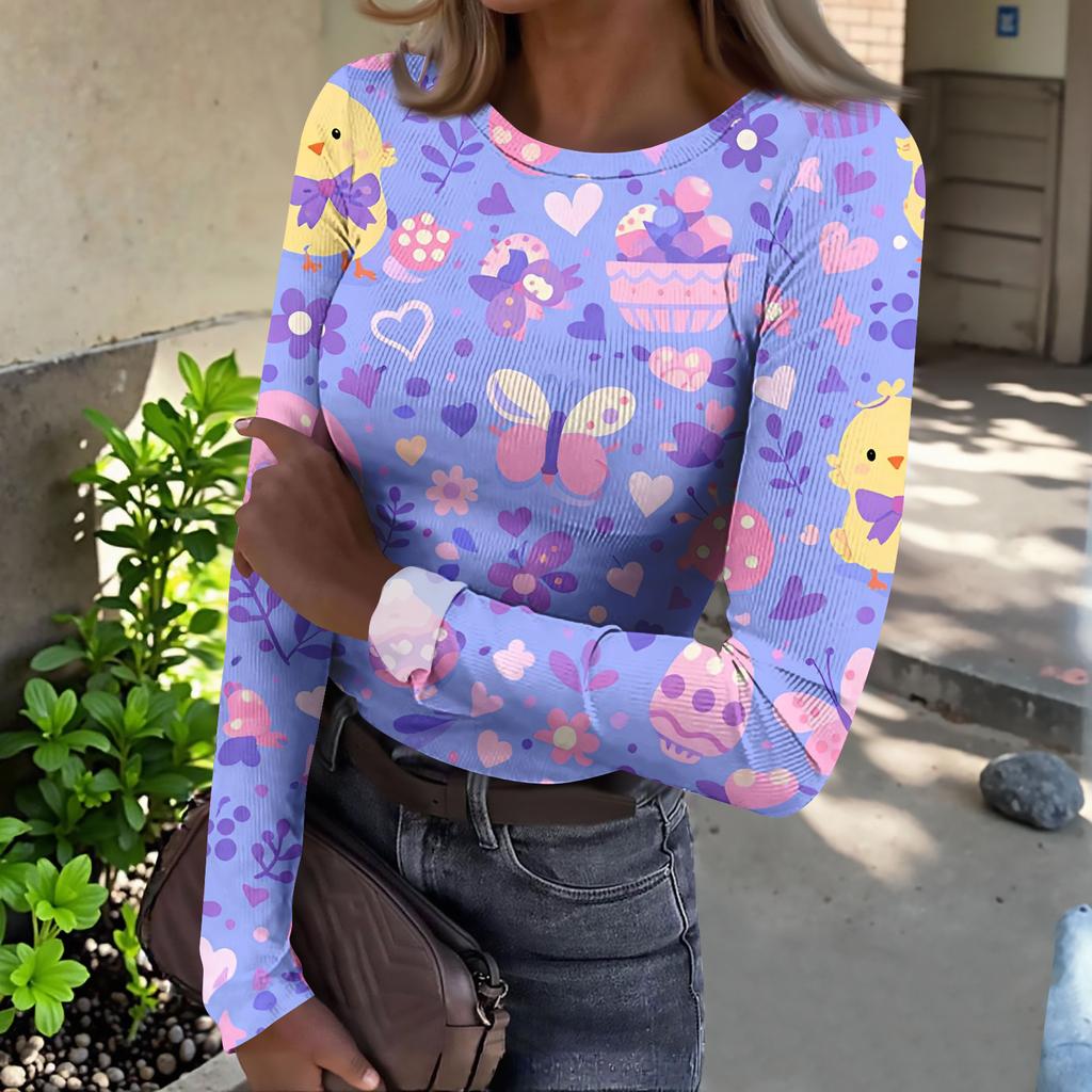 Women's And Winter Slim T-shirt Fashion Casual Printing Round Neck Pullover Long Sleeve Top