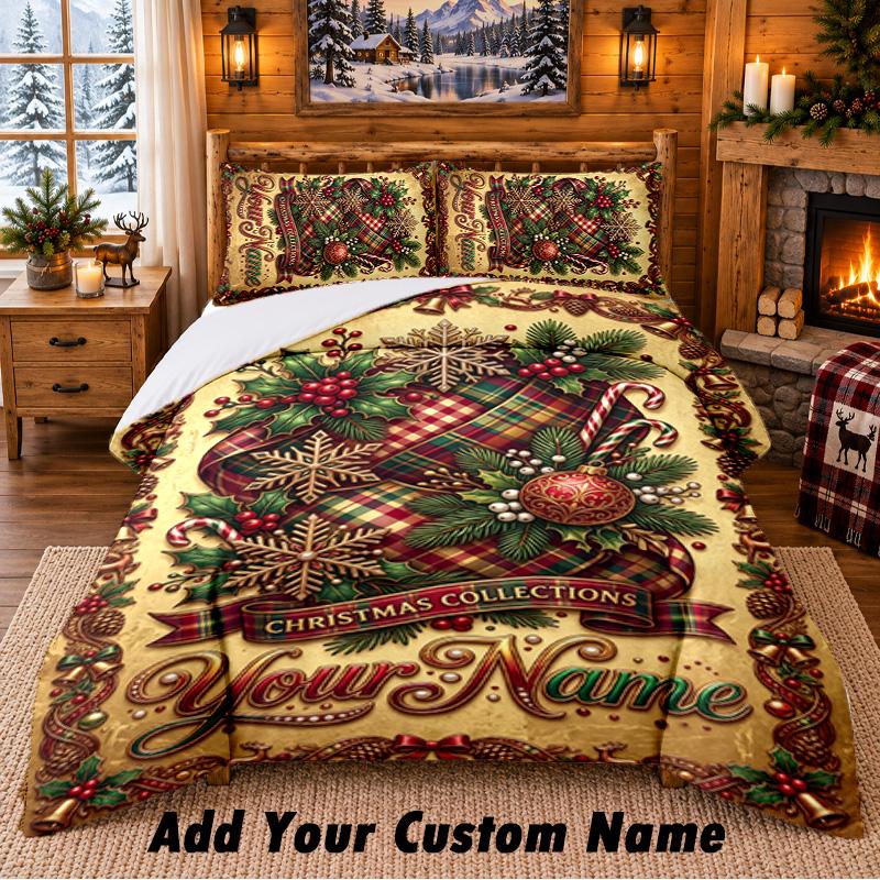 Christmas Custom Name Pattern Bedding 3Pcs Set Bed Sheet Pillowcases Indoor Bedroom Holiday Gift