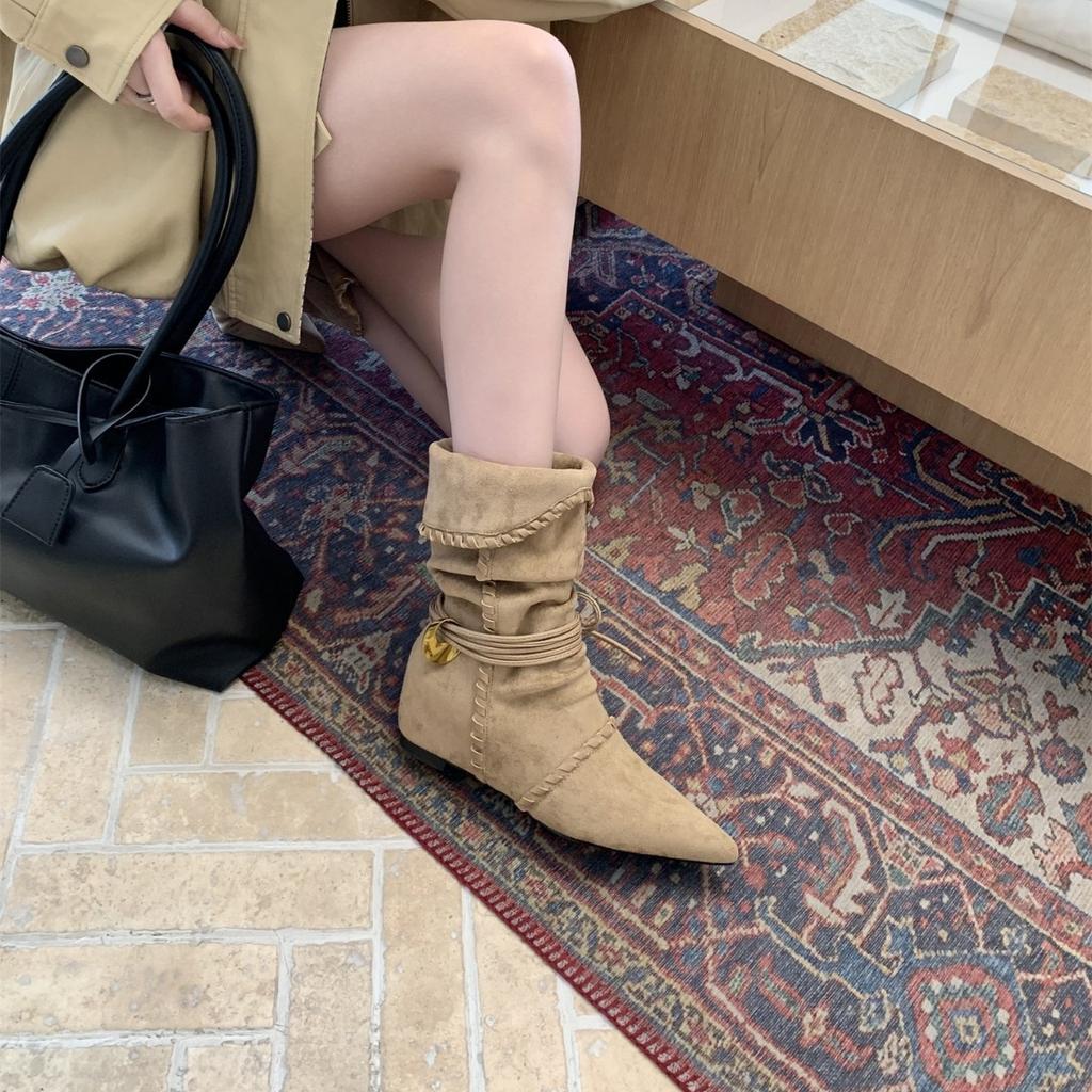 Dameslaarzen met hakverhoging aan de binnenkant, puntige suède skinny medium schacht ridderlaarzen, dameslaarzen 2025 herfst winter western cowboy stapellaarzen